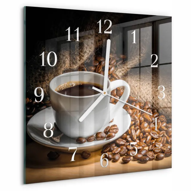 TULUP Wandklok - Koffie Klok Glas Met Opdruk - 30x30 cm - Bruin Moderne Wandklok Glas - Witte Handen - Vierkante Wandklok - Decoratieve Glazen Klok - Glazen Wandklok Design Bruin - Koffie