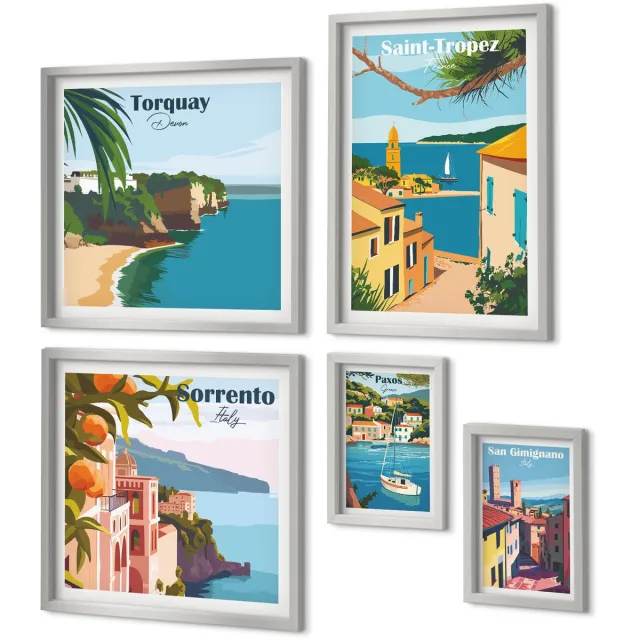 Coloray 5-Delige Schilderij Set - Bloemmotieven Uit Verschillende Steden Over De Hele Wereld - 20 x 30 cm - Wanddecoratie - Woonkamer Decoratie - Interieur Decoratie Zilveren lijst