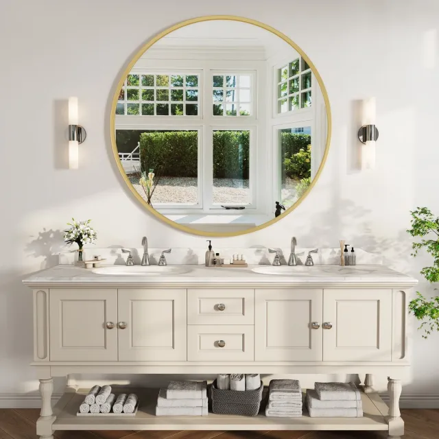 ROSAHQNDA Ronde spiegel 75x75 cm - Wandspiegel met goudkleurig frame - Moderne decoratieve spiegel voor badkamer, slaapkamer, woonkamer en hal