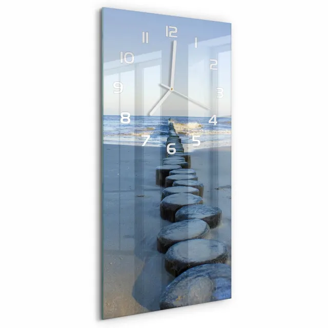 TULUP Wandklok - Golfbreker Moderne Wandklok Glas - 30x60 cm - Blauw Wandklok Glas Decoratie - Witte handen - Rechthoekige Klok - Glazen Wandklok Design - Klok Glas Met Opdruk