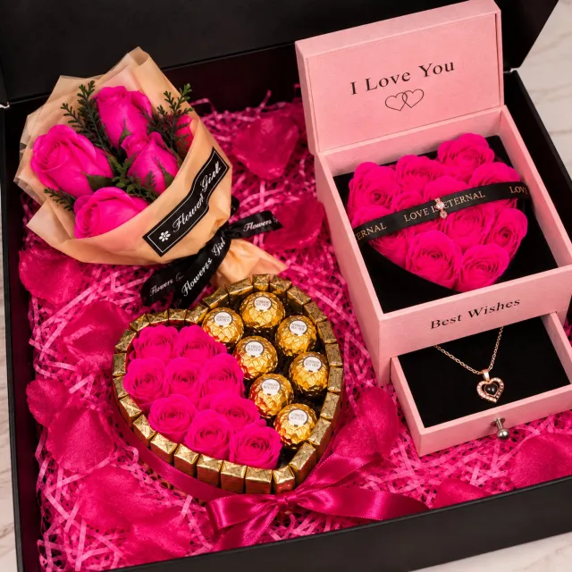 Nina's Giftshop Nina’s Giftshop® Valentijn Geschenkset – Chocolade Geschenkhart – Sieradendoos met Ketting – Rozenboeket – Rozenbeer – Cadeau voor Haar – Liefde & Romantiek