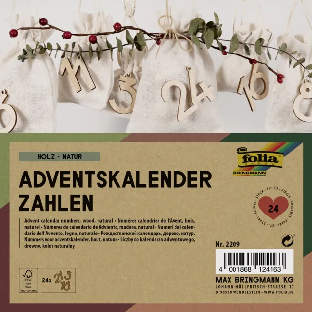 Folia Houten getallencijfers voor adventskalender, naturel Natuur