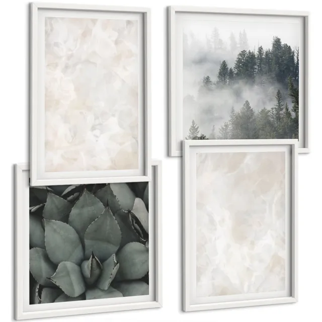 Coloray 4-Delige Schilderij Set - Pastelkleurige Stenen Structuren Van Wit Marmer - 40 x 40 En 40 x 60 - Stijlvolle Muurdecoratie - Kantoor - Wanddecoratie Witte lijst