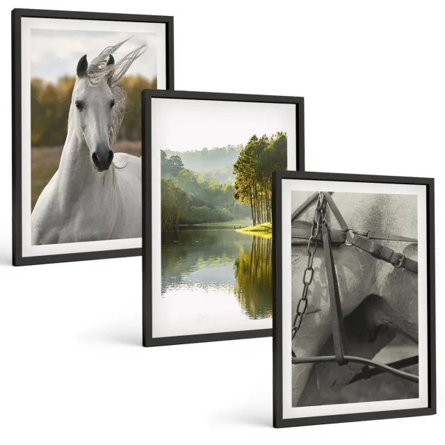 TULUP 4-Delige Schilderij Set - Witte paarden aan de rivier - Natuurlandschap - 40 x 60 cm - Stijlvolle Wanddecoratie - Interieur - Woonkamer Decoratie Zwarte lijst