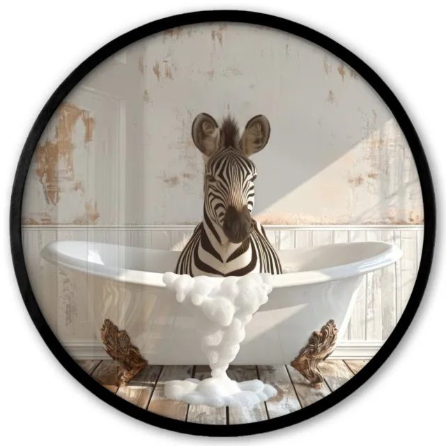 FrameYourWall Poster in lijst Rond - Fotolijst 40x40 cm - Posters - Vintage - Zebra - Wilde dieren - Badkuip - Ronde posterlijst zwart - Decoratie - Wanddecoratie woonkamer - Muurdecoratie slaapkamer Zebra - Badkuip