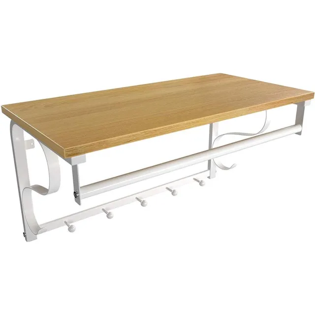 MrMarketplace Wandkapstok - Plank - Industrieel - Wit - Eikenhout - 60 x 30 x 31.7 cm