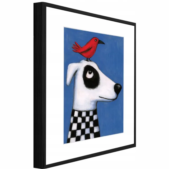 WALLARENA Schilderij met reliëf en passe-partout 90x60 cm - zwarte lijst - hond en vogel in folkstijl - wanddecoratie voor woonkamer en slaapkamer Blauw