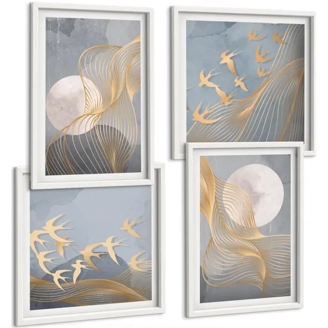 TULUP 4-Delige Schilderij Set - Abstracte patronen met golven en cirkels op een grijze achtergrond. - 40x40 en 40x60 - Muurdecoratie - Wanddecoratie - Hal - Interieur Decoratie Witte lijst