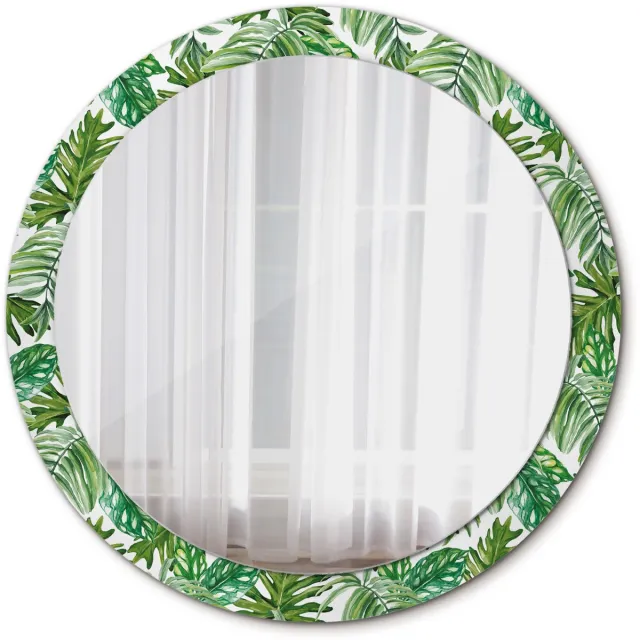 TULUP Spiegel - Ronde Spiegel - Spiegel op gehard Glas - Junglebladeren - Diameter: 90 cm - Spiegel met patroon - Badkamerspiegel - Gangspiegel - Logeerkamer - Groene - Stijlvol accent - Stijlvolle Spiegel - Spiegel Met Haken Groen Junglebladeren