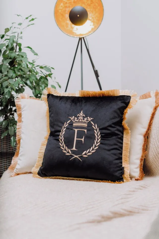 Sandra Mika Embroidered pillow / personalised pillow / monogram pillow / decorative cushion 40x 40 black velvet letter F Zwart