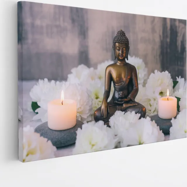 Saammp Canvas Schilderij - Boeddha bij kaarsjes - 40x30 - Foto op canvas - Wanddecoratie - Muurdecoratie Woonkamer - Canvas schilderijen Multicolor
