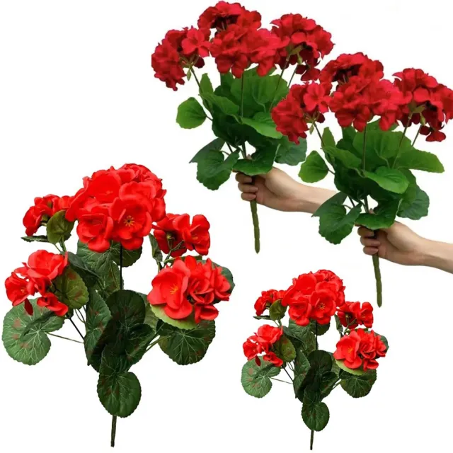 Flintry Set van 4 kunstgeraniums (35 cm) met 5 bloemhoofdjes – zijden begonia-boeket voor huis, tuin, feest en bloemendecoratie (rood)