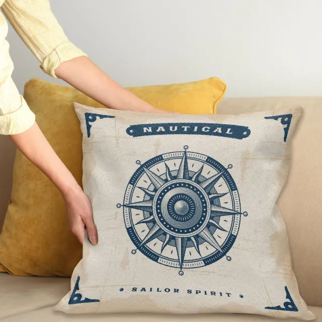 ABAKUHAUS Compass Sierkussenhoes, op Illustratie voor Device met Lettering een Nautisch Oceaan Ontwerp van Adventure Thema Print, Decoratieve Vierkante Sierkussenhoes, 60 x 60 cm, Indigo Blauw