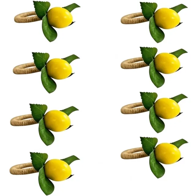 NUVEX Geel groene servetringen set van 8 stuks – servet ringen met citroen en bladeren – decoratieve servethouders met naturel kleurige ring voor diner bruiloft verjaardag picknick feest banket en tafeldecoratie
