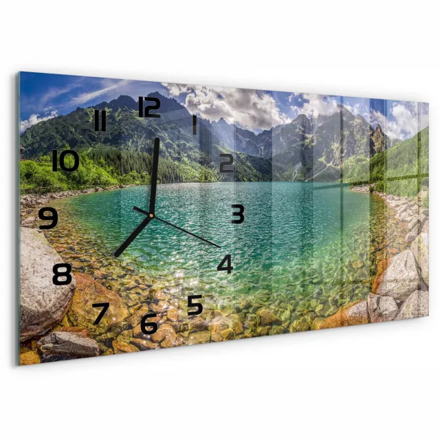 TULUP Wandklok - Meer in de bergen Glazen Klok Met Print - 60x30 cm - Veelkleurig Wandklok Glas Met Motief - Zwarte handen - Rechthoekige Klok - Wandklok Glas Decoratie - Gekleurde Glazen Klok