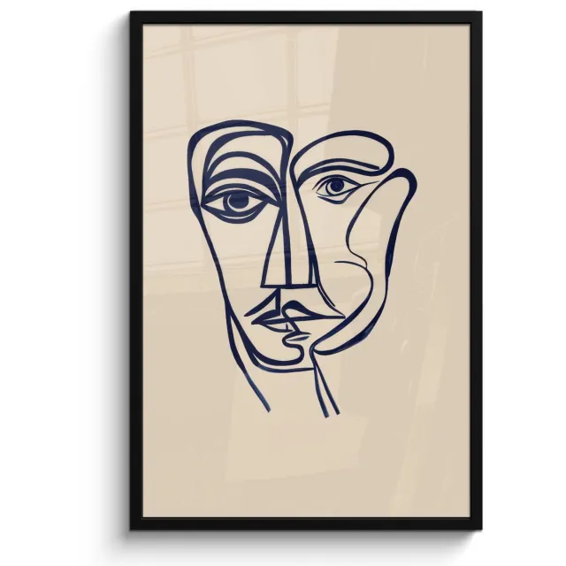 FrameYourWall Poster in lijst - Fotolijst 60x90 cm - Posters - Minimalistisch - Lijnillustratie - Beige - Donkerblauw - Posterlijst zwart - Decoratie - Wanddecoratie woonkamer - Muurdecoratie slaapkamer Lijnillustratie - Gezicht