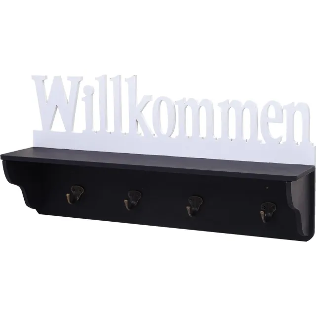 Wandkapstok MCW-D41 Welkom, kapstok plank, 4 haken solide 30x60x13cm ~ zwart/wit