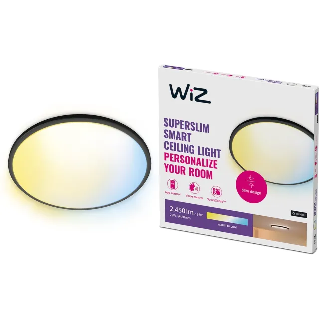 WiZ Plafondlamp SuperSlim - Diameter: 43 cm - Warm- tot Koelwit Licht - Slimme LED Verlichting - Geïntegreerde LED - 22W - Zwart - Wi-Fi