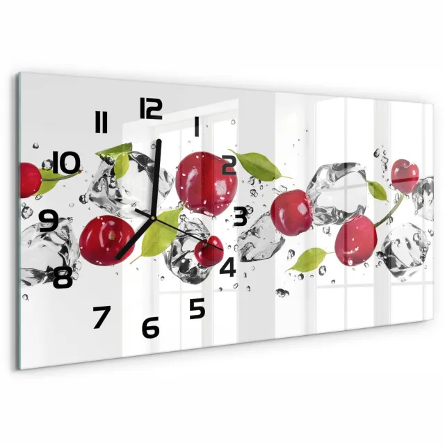 TULUP Wandklok - Kersen en water Moderne Wandklok Glas - 60x30 cm - Rood Wandklok Glas Decoratie - Zwarte handen - Rechthoekige Klok - Glazen Wandklok Design - Klok Glas Met Opdruk