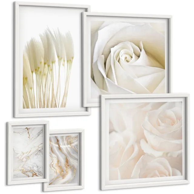 Coloray 5-Delige Schilderij Set - Elegante Witte Rozen En Marmeren Decoratieve Accenten - 50 x 50 cm, 20 x 30 cm En 40 x 60 cm - Muurdecoratie - Wanddecoratie - Slaapkamer - Decoratieve Schilderijen Witte lijst