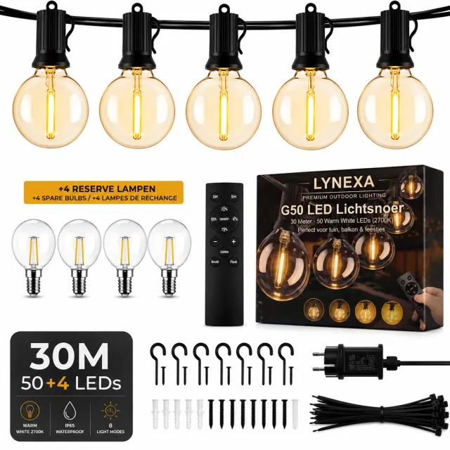 LYNEXA G50 - Lichtsnoer Buiten - 30m - 50 Grote Globe LED Lampen - Warm Wit 2700K - Tuinverlichting - IP44 Waterdicht - Koppelbaar - Dimbaar met Afstandsbediening - 3 Lichtmodi - Kerstverlichting voor Buiten - 4 Extra Lampjes