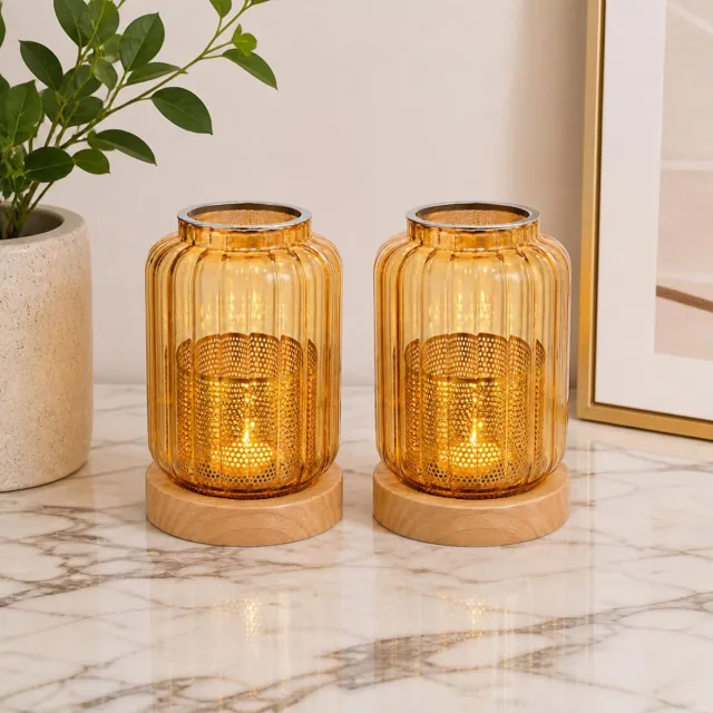 Famanu Set van 2 amberkleurige windlichten met strepen van glas, moderne kandelaars voor stompkaarsen Zwart