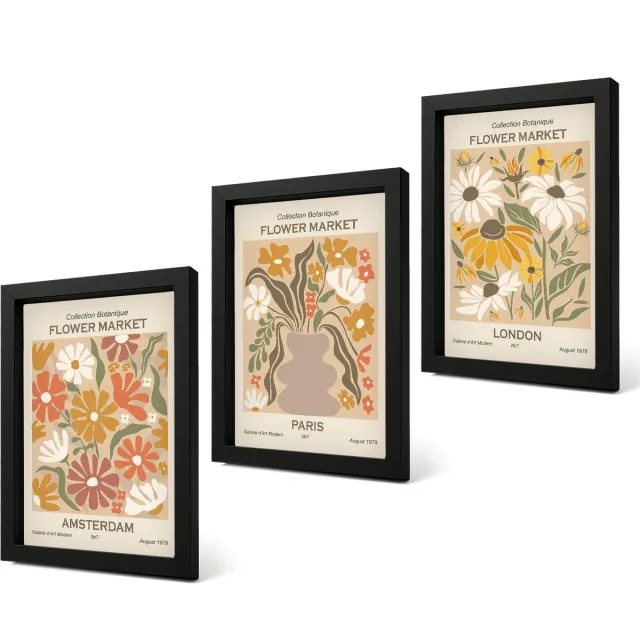 Coloray 4-Delige Schilderij Set - Bloemenpatronen uit Amsterdam, Parijs en Londen - 20 x 30 cm - Decoratieve Muurdecoratie - Slaapkamer - Decoratieve Schilderijen Zwarte lijst