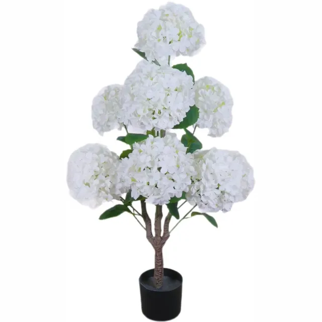 Happiq Kunstmatige hortensia boom (90 cm) - Voor binnen, buiten & kantoor - Onderhoudsvrije woondecoratie met witte bloemen en bladeren - Kunststof textiel, wit