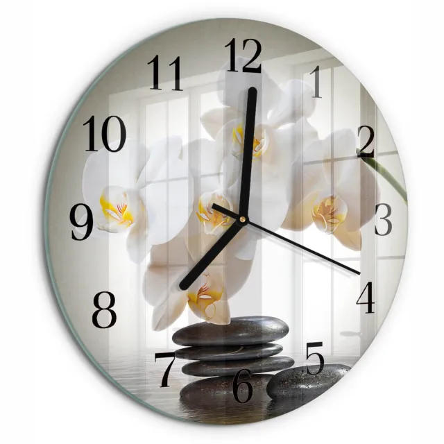 TULUP Wandklok - Orchidee Klok Glas Met Opdruk - 30fi cm - Wit Moderne Wandklok Glas - Zwarte Handen - Ronde Wandklok - Gekleurde Glazen Klok - Glazen Klok Met Print Wit - Orchidee