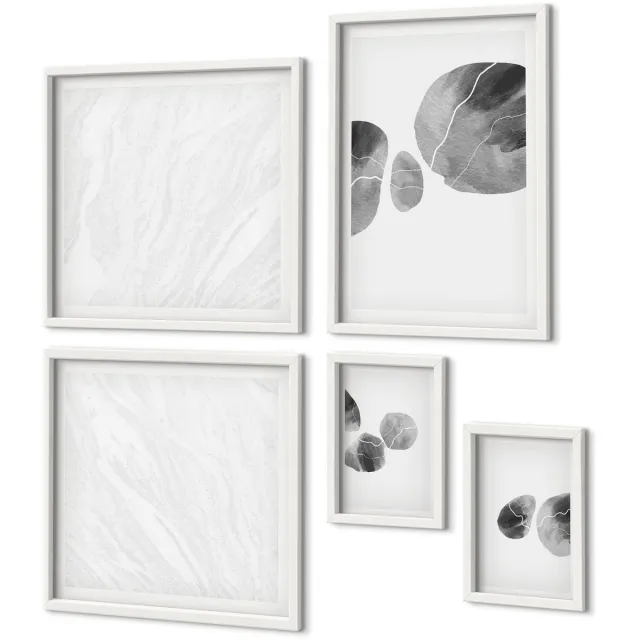 Coloray 5-Delige Schilderij Set - Abstracte Minimalistische Schilderkunst Met Verfvlekken - 50 x 50 cm, 20 x 30 cm En 40 x 60 cm - Wanddecoratie - Muurdecoratie - Moderne Interieurdecoratie Witte lijst
