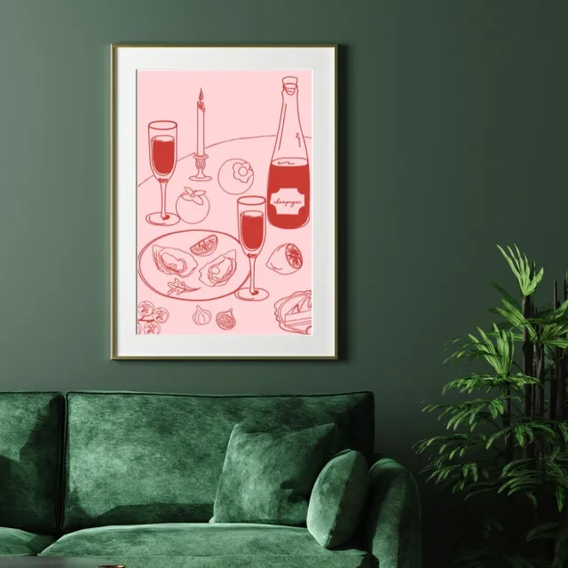 Le Club des Vins Poster - A3 - champagne & oesters - wijnliefhebber - roze