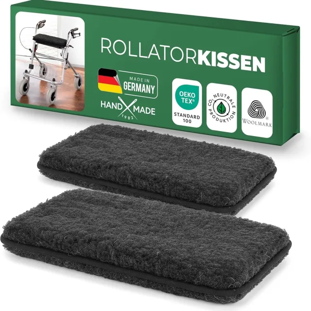 Novaliv Rollator zitkussen, antraciet, set van 2, pure wollen pool, aangenaam klimaatregulerend, 40 x 20 cm, ca. 3 cm dik, bevestiging met twee banden, universeel passend, lichtgewicht, gemaakt in Duitsland antraciet/zwart