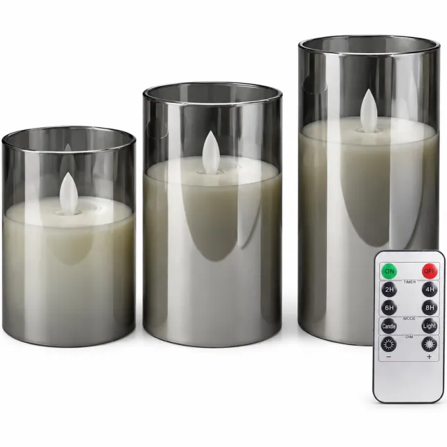 SWGOTA led kaarsen, set van 3, grijs, bewegende vlam en warm licht, met afstandsbediening, Ø 7,8 cm, hoogtes 10/12,5/15 cm, zonder batterijen