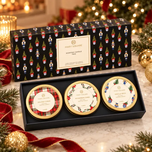 Mary Square Geurkaarsen Giftset – 3 Kerst Geurkaarsen – Holiday Cheer, Whispering Pines & Vanilla Spice – Sojawas & Palmwas – Kerstcadeau Blauw