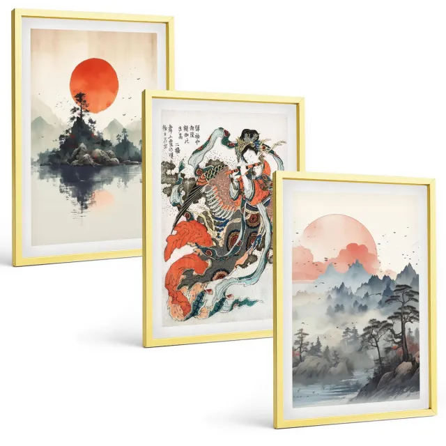 Coloray 3-Delige Schilderij Set - Abstracte, Elegante Patronen Met Accenten - 40 x 40 cm En 40 x 60 cm - Muurdecoratie - Wanddecoratie - Slaapkamer - Stijlvolle Muurdecoratie Gouden lijst