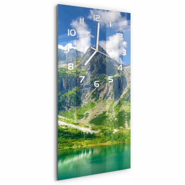 TULUP Wandklok - Meer in de bergen Wandklok Glas Met Motief - 30x60 cm - Groente Decoratieve Glazen Klok - Witte handen - Rechthoekige Klok - Gekleurde Glazen Klok - Glazen Klok Met Print