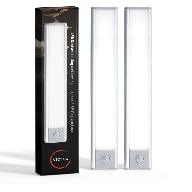 Victox LED Kastverlichting met bewegingssensor - 2 x 20 cm - USB-C Oplaadbaar - 3 Kleurtemperaturen - Magnetisch - Draadloos - Zilver (2-PACK) Wit 20cm 2pack