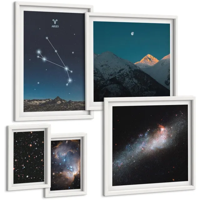 Coloray 5-Delige Schilderij Set - Kosmische Blikken Op De Sterrenbeelden En Sterrenstelsels Van De Nachtelijke Hemel - 50 x 50 cm, 20 x 30 cm En 40 x 60 cm - Muurdecoratie - Interieur Decoratie - Stijlvolle Muurdecoratie Witte lijst