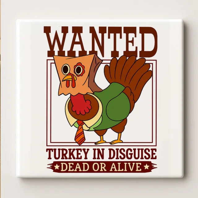 Nevolis Wanted Turkey Tegel – “Turkey in Disguise” Grappig Thanksgiving Design – 15x15 cm Keramische Wanddecoratie – Humoristisch Cadeau voor Herfst & Feestdagen Multi Color