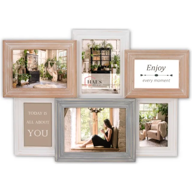 HAES deco Multi Houten Fotolijst / Houten Galerie Annecy in de vintage kleuren wit, bruin en grijs voor foto's 3x 10x15, 2x 13x18 en 1x 15x20 (formaat 57x41 cm) - MP104 Multicolor