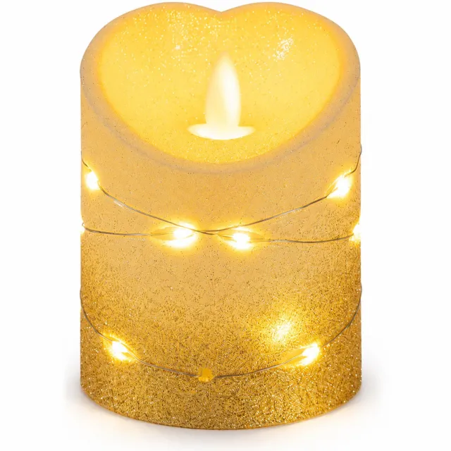 SWGOTA led kaarsen met bewegende vlam - gouden glitter, 7,5 x 10 cm, schuine bovenkant en lichtsnoer, op batterijen