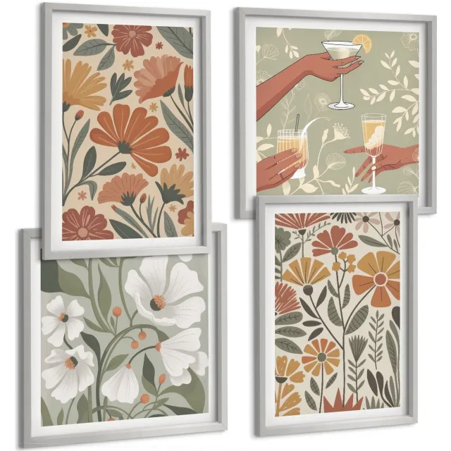 Coloray 4-Delige Schilderij Set - Bloemenpatronen In Oranje En Groene Tinten. - 40 x 40 cm En 40 x 60 cm - Muurdecoratie - Decoratieve Schilderijen - Wohnzimmer Zilveren lijst