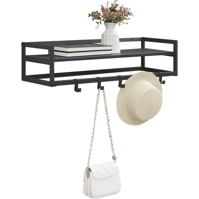 MAZAZU MIRA Home Wandkapstok met Legplank en Hangstang - Kapstok Zwart met 6 Haken - 80x30x20 cm