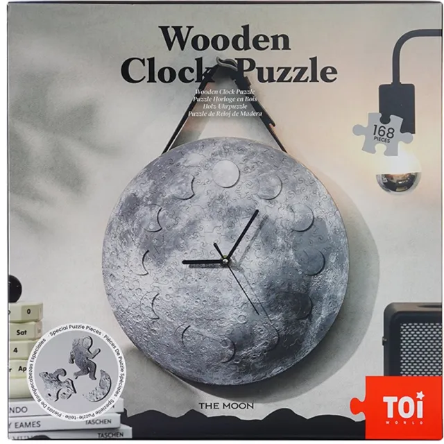 toi Houten Klok Puzzel Maan - 3D Bouwpakket met Werkende Klok Wit