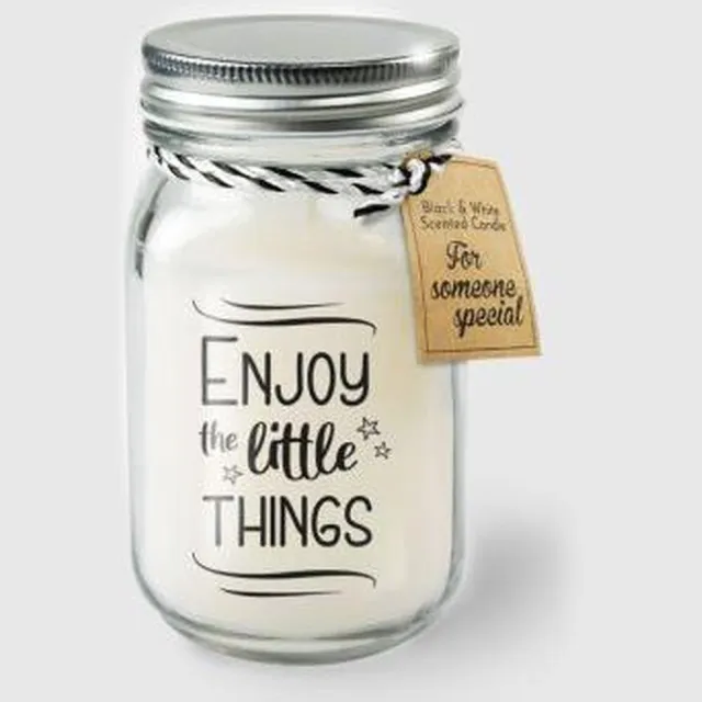 Zusenzow.com Kaars - Enjoy the little things - Lichte vanille geur - In glazen pot - In cadeauverpakking met gekleurd lint zwart -wit