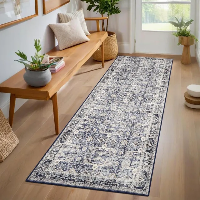 Triumpunpre Vloerkleed 60 x 180 cm, grijsblauw, Perzische print, wasbaar, antislip, zacht polyester