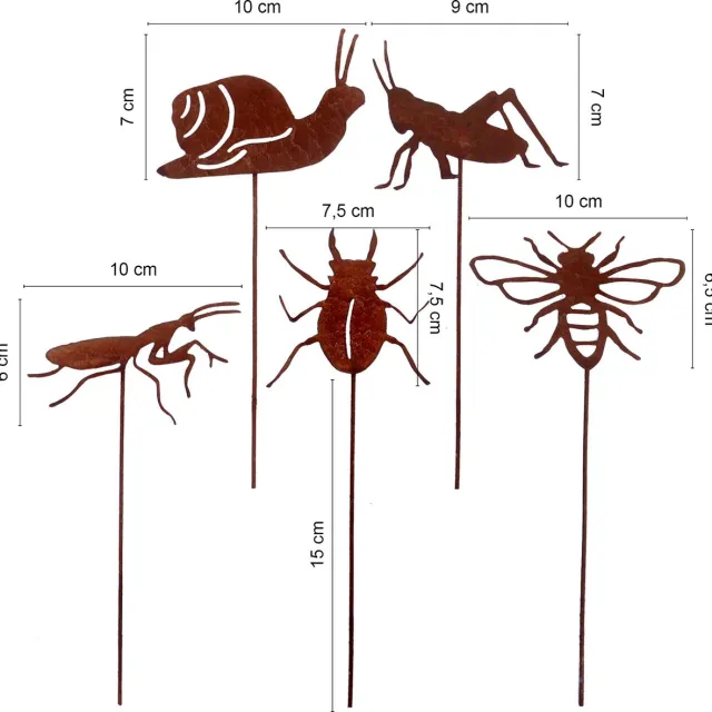 UNUS Tuinsteker insecten 5-delig klein metaal roest tuindecoratie in wit tuin terras balkon Bruin