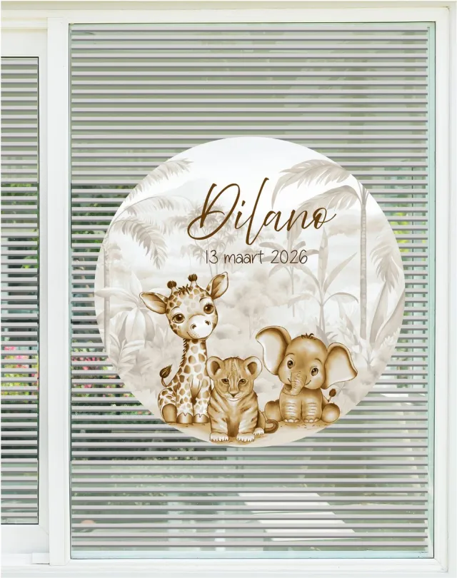 StudioJitske raamsticker 80cm raambord geboortebord jungle dieren in sepia beige neutraal sepia beige taupe