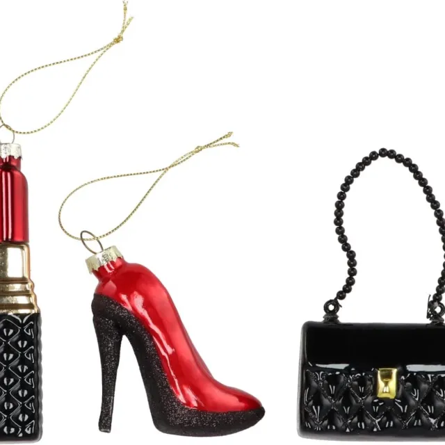 Daan-Kromhout Daan Kromhout - Set/3 glazen kerstornamenten - Fashion Babe - Kerstballen - 5 x 9 cm - Kerst rood