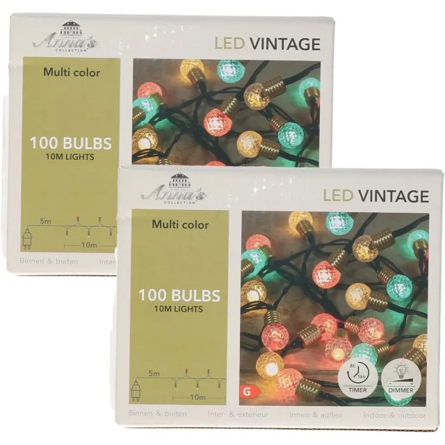 Anna's Collection Lichtsnoer - 2x - vintage bolletjes - 100 led lampjes - groen/rood/wit - 10 m - sfeerverlichting - kerstverlichting